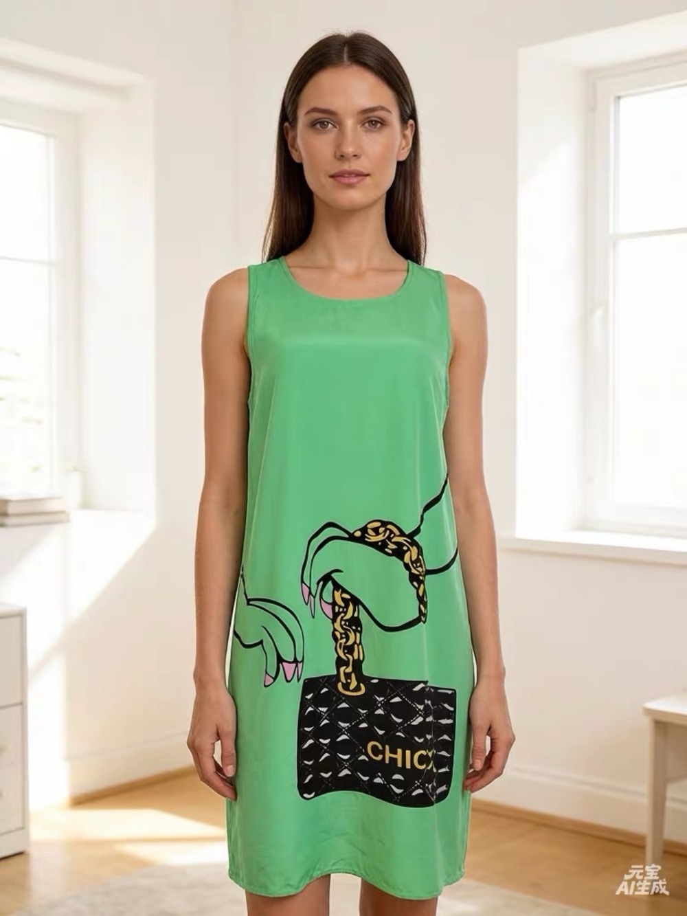 Moschino Cheap and Chic 100% Silk Green Graphic Shift Dress Sleeveless